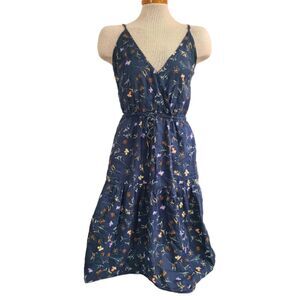 Trovata Birds of Paradise XS Navy Blue Floral V Neck Tiered Pockets Sun Dress
